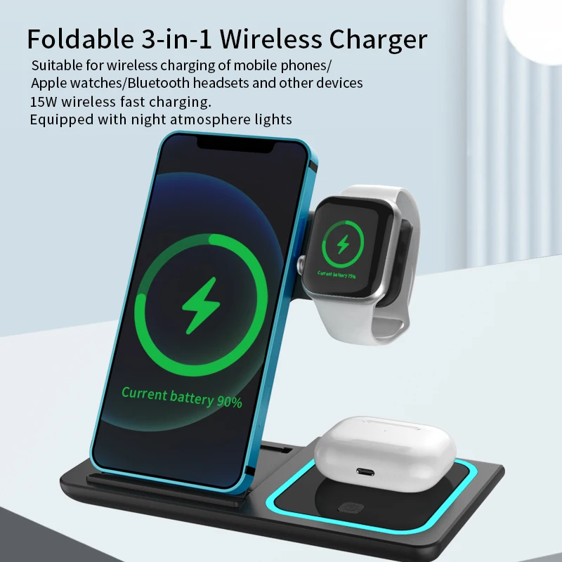 3 in 1 Wireless Charging Station Travel Charging Pad for iPhone 12~15 iWatch and Airpods  15W  Fast Charger Foldable