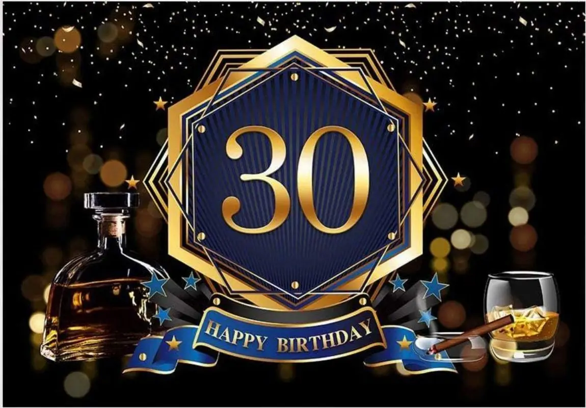 Black Photo Background Whiskey Wine Glass Cigar Man 30th Happy Birthday Party Banner Backdrops for Photography Decoration