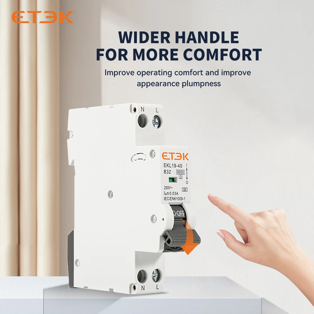 ETEK 19 مللي متر عرض RCBO المتبقية التيار تعمل قطاع دارة نوع A 30mA وحدة حماية الرحلة C & B منحنى EKL19