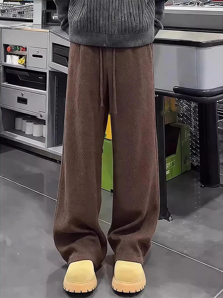 

Thiened Fce Winter Straight Leg Men's Sweatpants Wheat Spike Pattern Fitn Sport Wide Leg Straight Cut Long Trousers