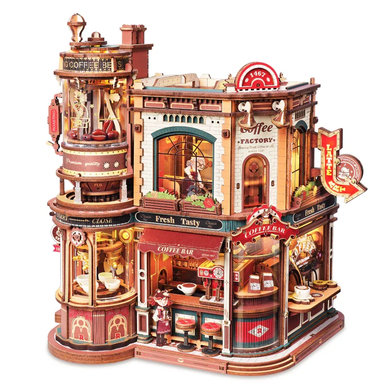 Robotime Dream Coffee Factory 3D Holzpuzzle-Modellbausatz für Erwachsene, zahnradgetriebenes mechanisches DIY-Bastelset mit beweglichen Teilen, Schreibtischdeko, Geschenk, Buchnische EAB02