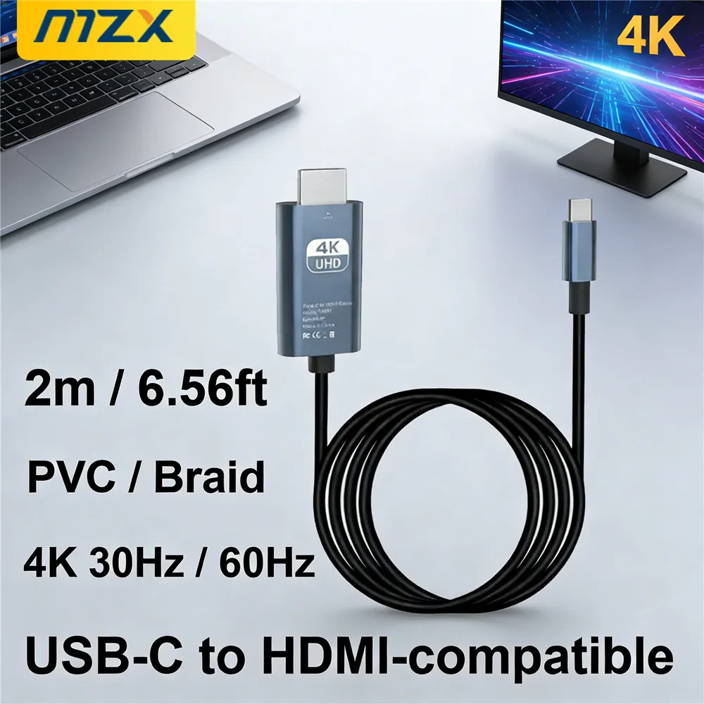MZX 2m/6.56ft USB C to HDMI-compatible Cable 4K 60Hz 30Hz Video Adapter Converter PVC Braid TV HDTV PC Laptop Monitor Accessory