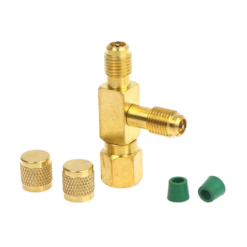 محول صمام أساسي من النوع SAE مقاس 1/4 بوصة - تي شيرت مشعب التيار المتردد والتبريد لشحن النظام، موصل منفذ الخدمة