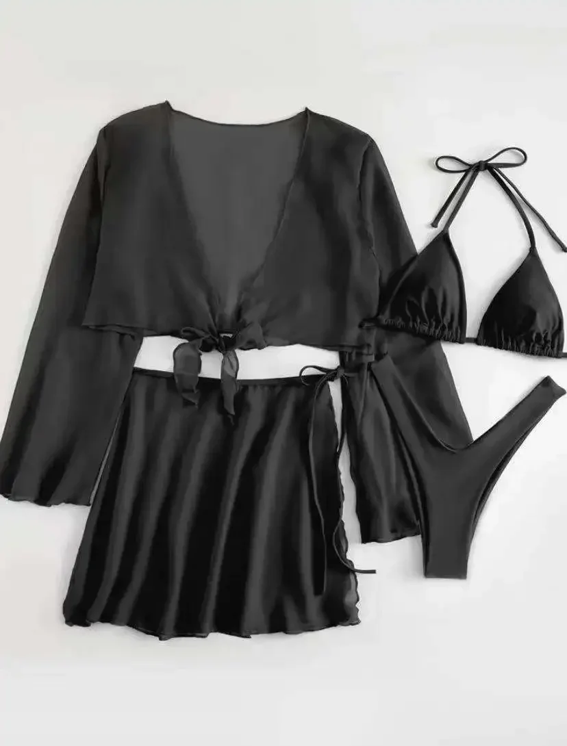 1 Piece Cover Ups Bikinis Solid Black 2025 Sexy Women Swimsuits Swimwear Female Brazilian Bikini Set Bathing Suit Swimming Suits
