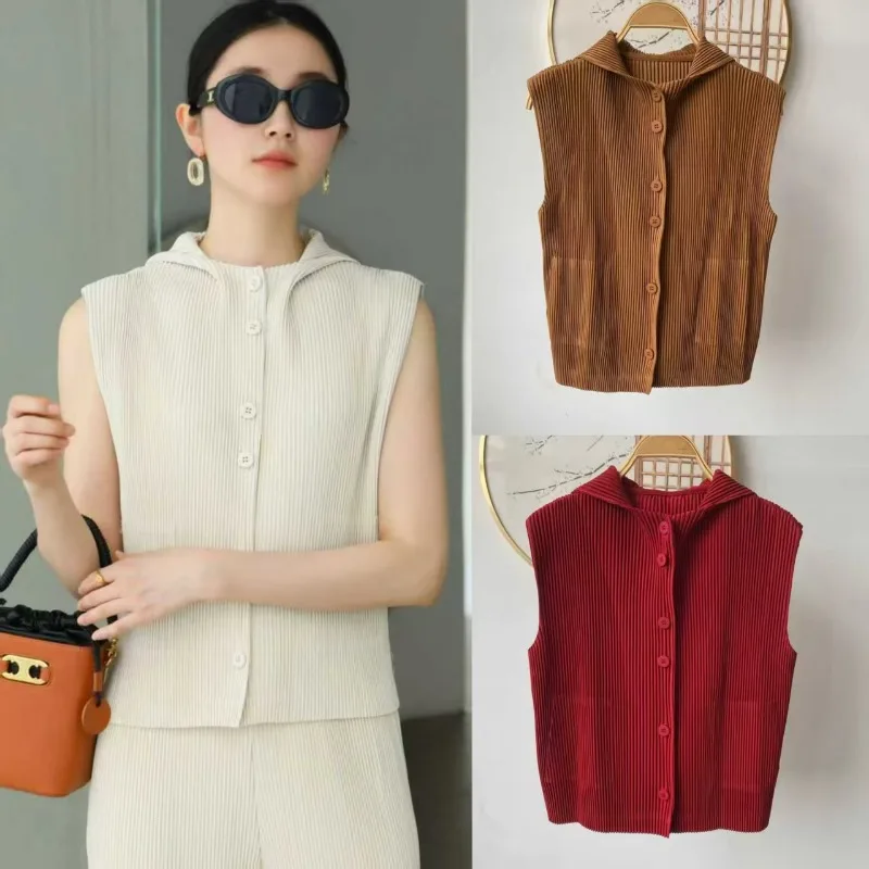 

Miyake Pleated Vests 2025 Fall and Spring New Loose Commuter Fold High-end Pleats Clothes Leisure Plisse Hooded Vest Tops
