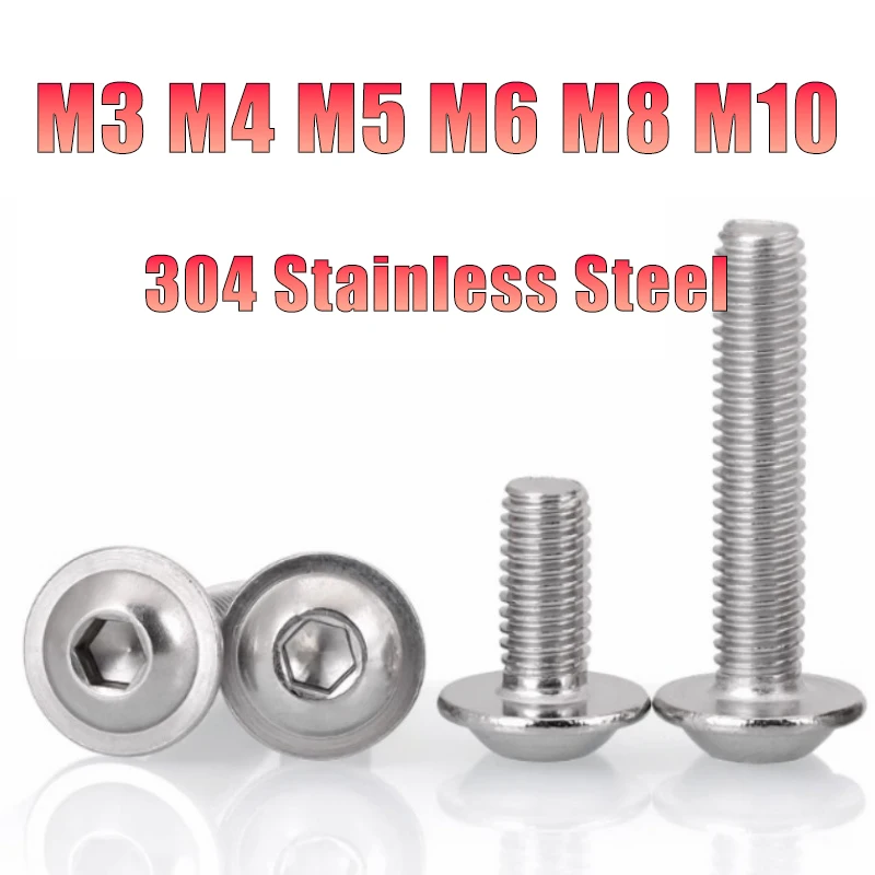 2-100pcs Hex Hexagon Socket Round Button Head With Washer Collar Bolt Screw M3 M4 M5 M6 M8 M10 ISO7380.2 304 A2 Stainless Steel