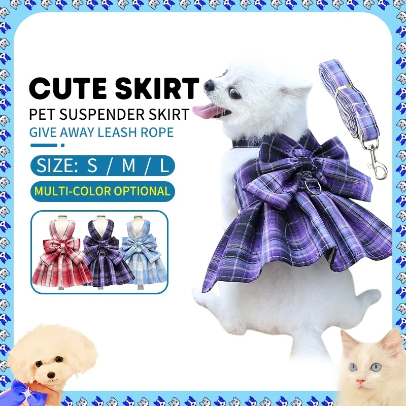 Dog Clothes Pet Clothes Cute Skirt Suspender Skirt Bowknot Dog Dress for Female with Dog Leash