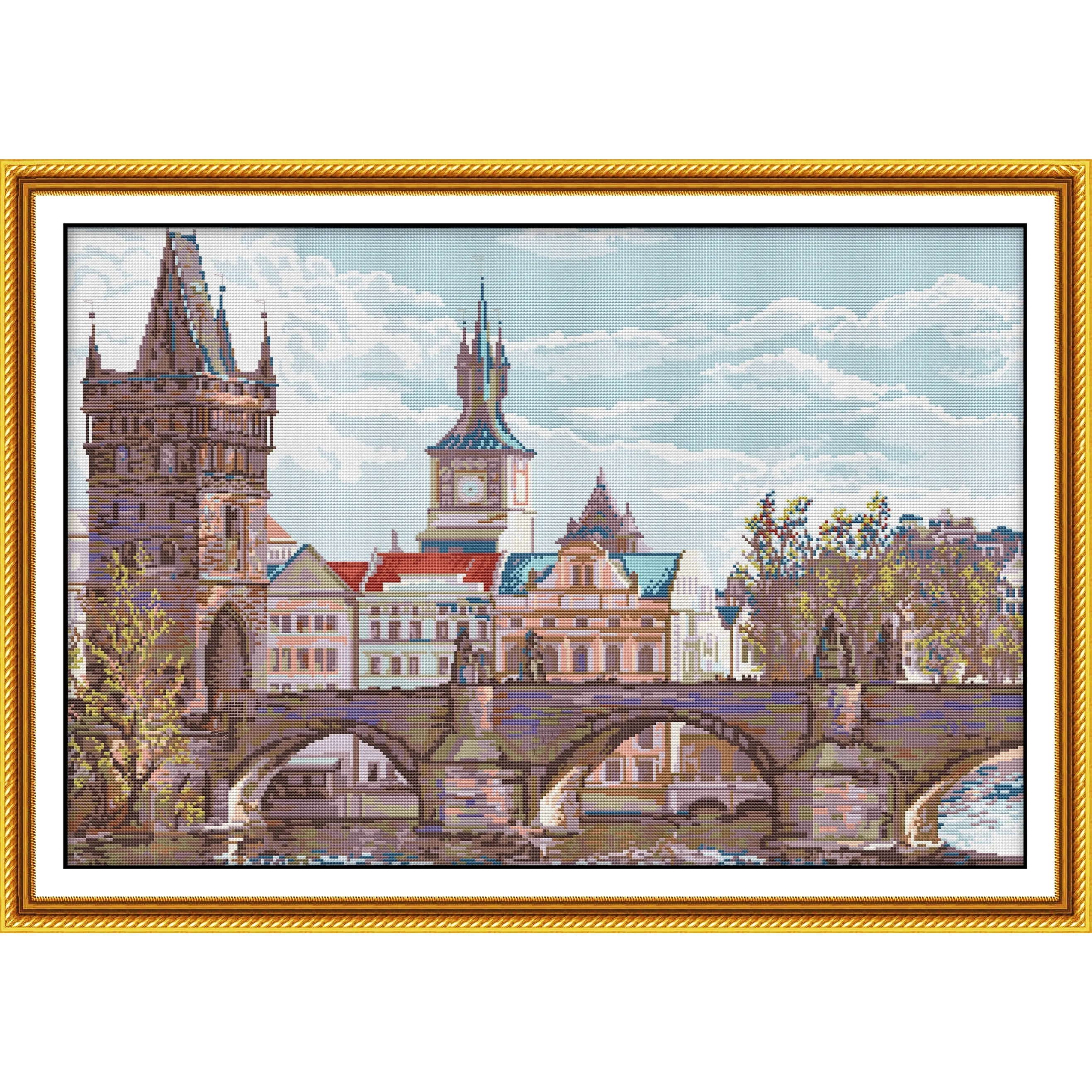 

Soulgift News Pre-Printed Cross Stitch Kit, Stamped Aida Fabric with DMC Threads, Embroidery kit - Classical Architecture