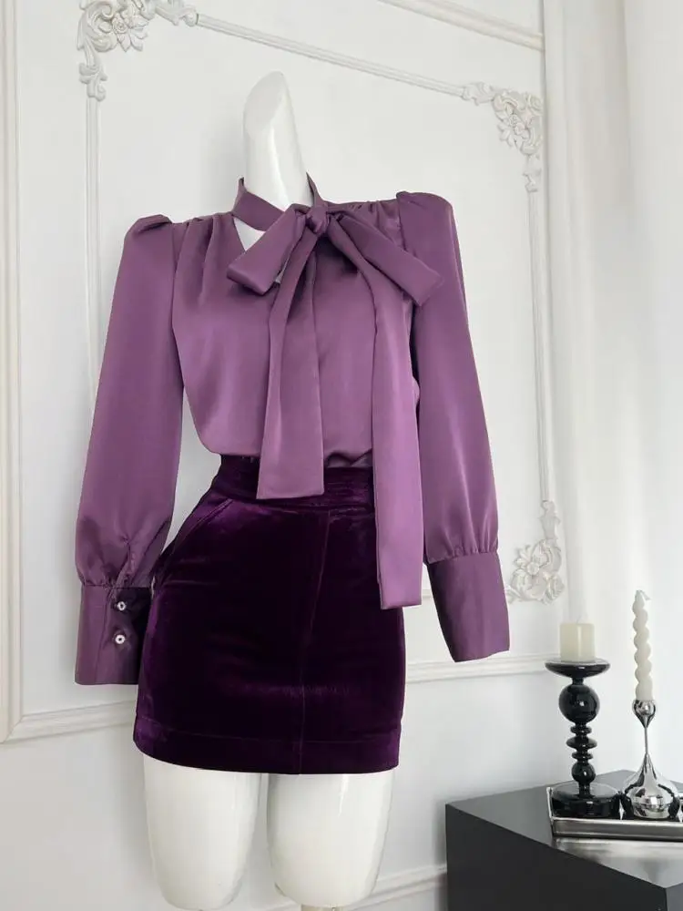 

Autumn Women Two Piece Suit Vintage Purple High Waist Velvet Short Skirt And Long Sleeve Elegant V Neck Bow Bandage Blouses Sets