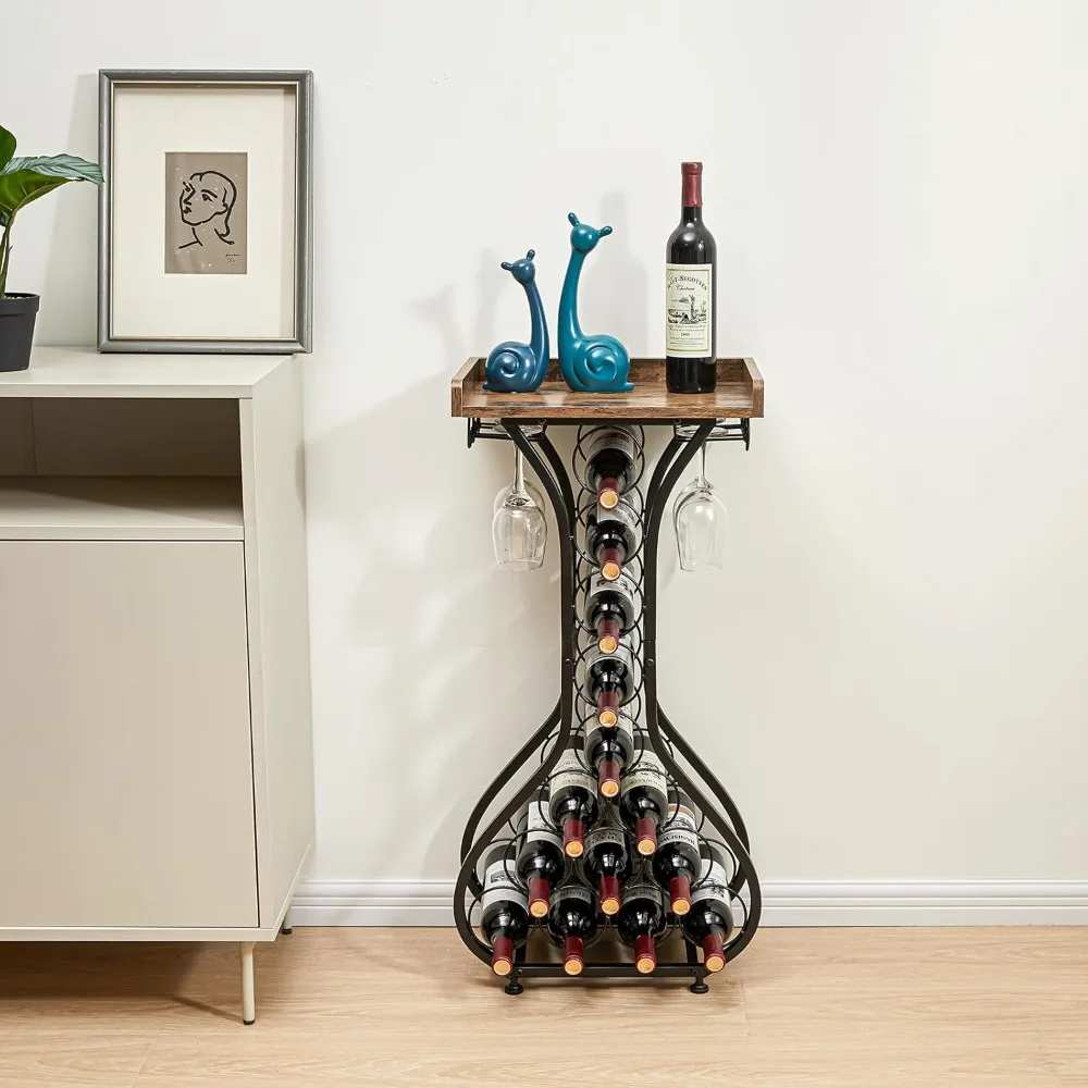 X-cosrack Wine Storage Rack Freestanding Floor, Wine Rack Mini Bar Table with Tabletop, Glass Holder Wine Bottle Display Stand L