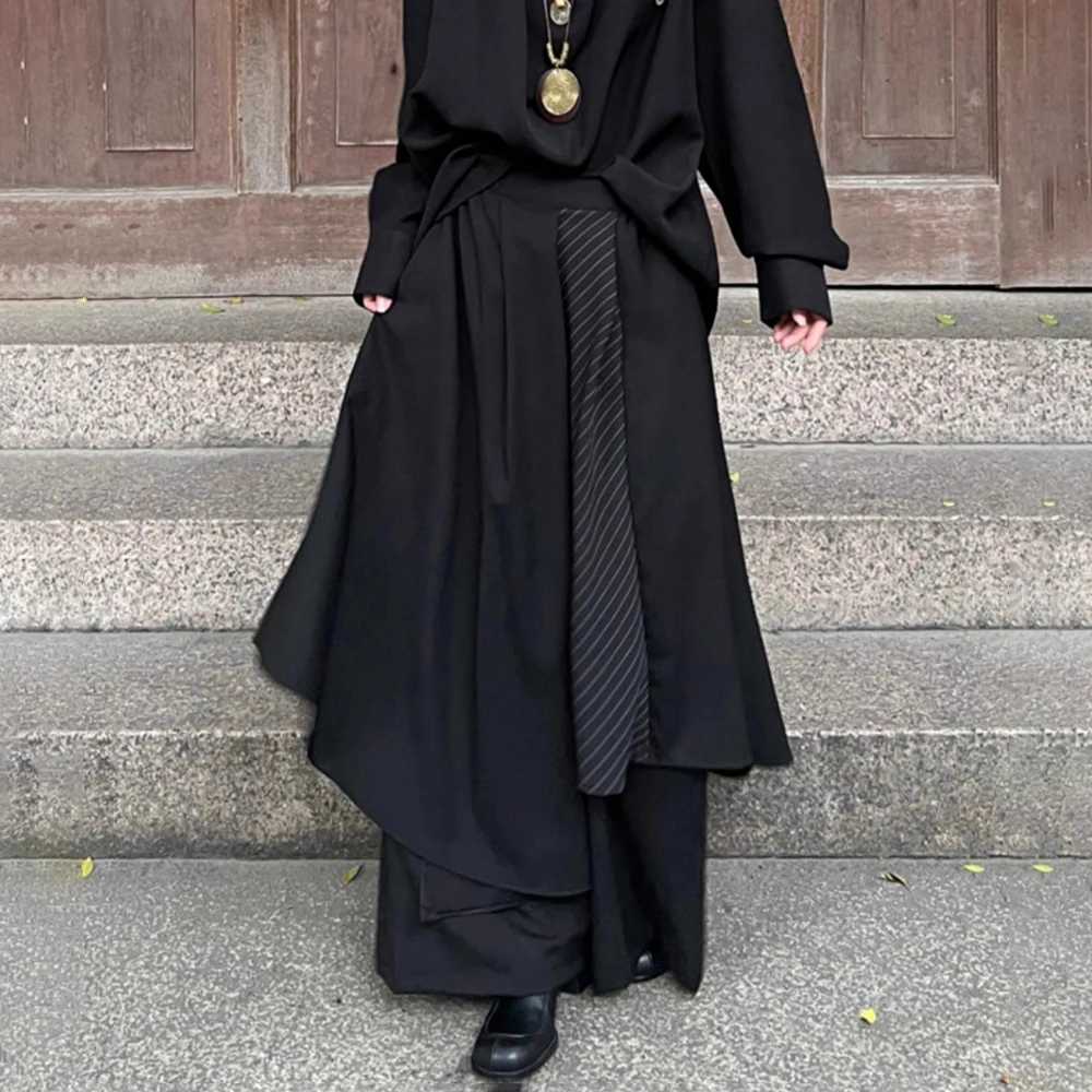Men Samurai Pants Striped Double Layer Skirt Pants Hakama Streetwear Fashion All-Match Simple Wide Leg Pants Men'S Clothing 2025