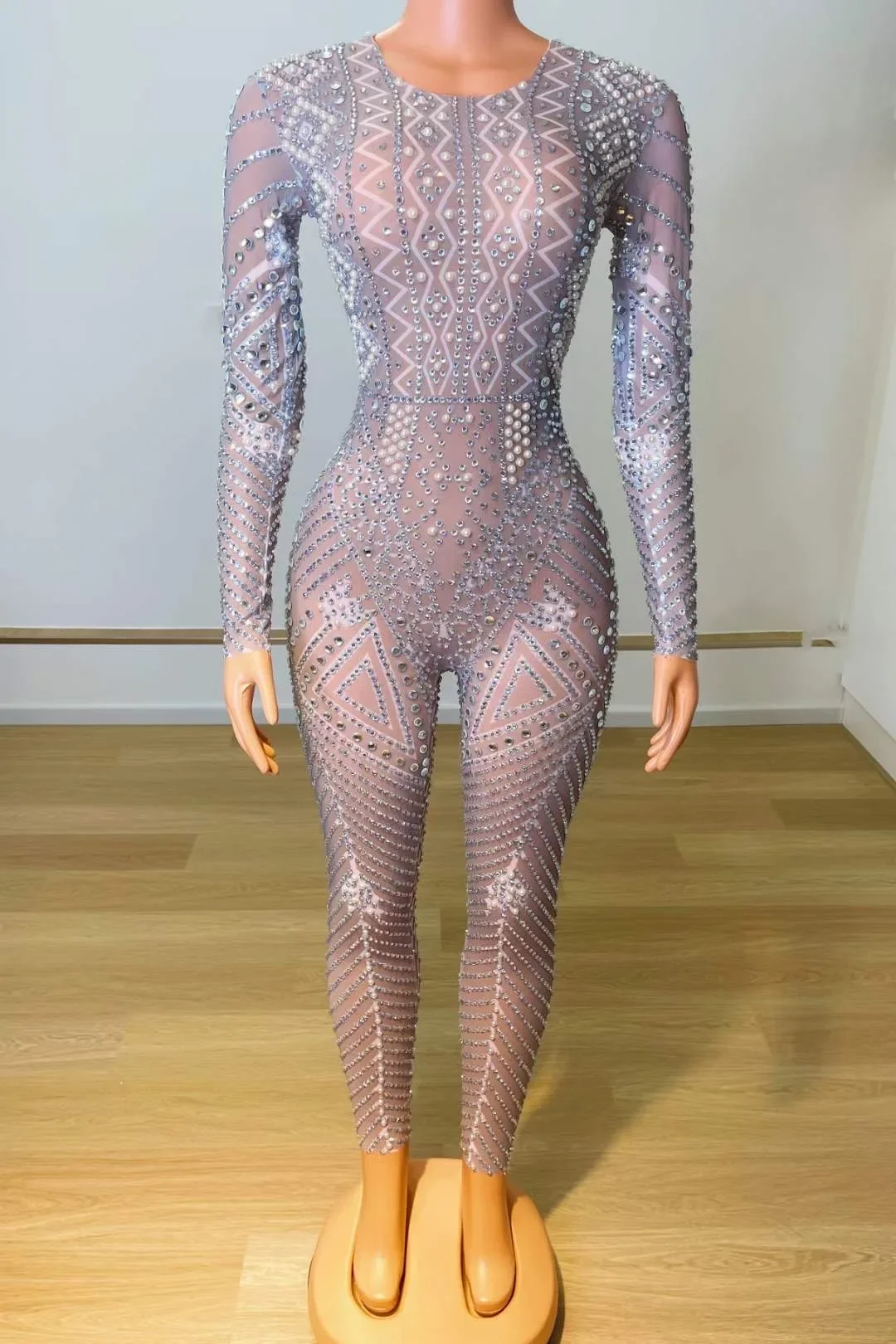 

Shining Crystal Rhinestones Pearls Long Sleeves Sexy Jumpsuits For Women Nightclub Prom Wear Stage Perform Costume Pole DJ Cloth