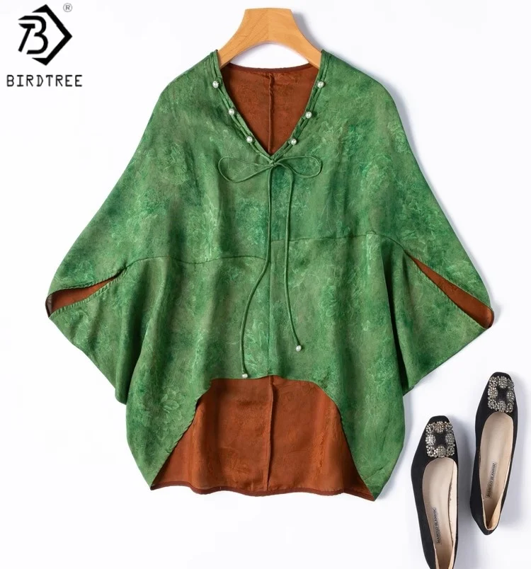 

Birdtree 100% Mulberry Silk Green Shirt,Women Grass Dyed Jacquard Dolman Sleeves V-neck Blouse With Ribbon,2025 New T57831JF