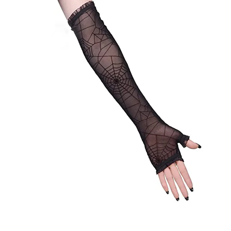 Sexy Lace Gloves Halloween Spider Web Women Half Finger Arm Sleeves Summer Long Hollow Mesh Fingerless Driving Sunscreen Mittens