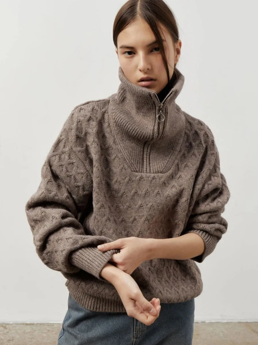 

Chunky Knit Womens Cable Sweater Oversized Turtleneck Half Zip Pullover Long Sleeve Loose Fit Casual Winter Essential 2025
