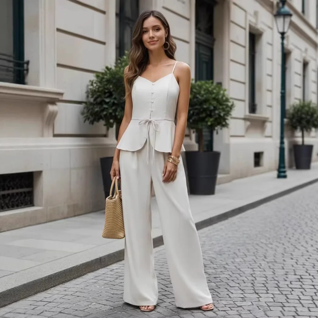 Women's Spaghetti Strap Peplum Top And Wide Leg Pants Two Piece Set Button Decor Waist Tie Versatile Commute Daily Wear Outfit