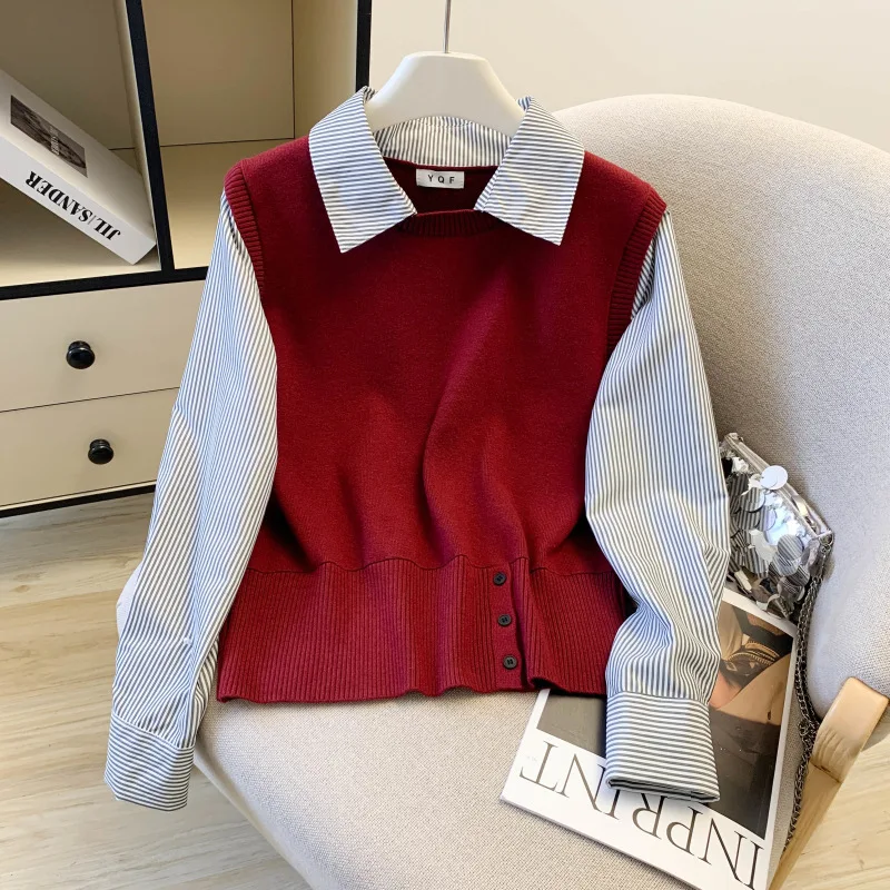 Maglione da donna a maniche lunghe a righe finte in due pezzi 2025 New Fashion Colletto con risvolto Pullover larghi Tendenza autunnale Top casual