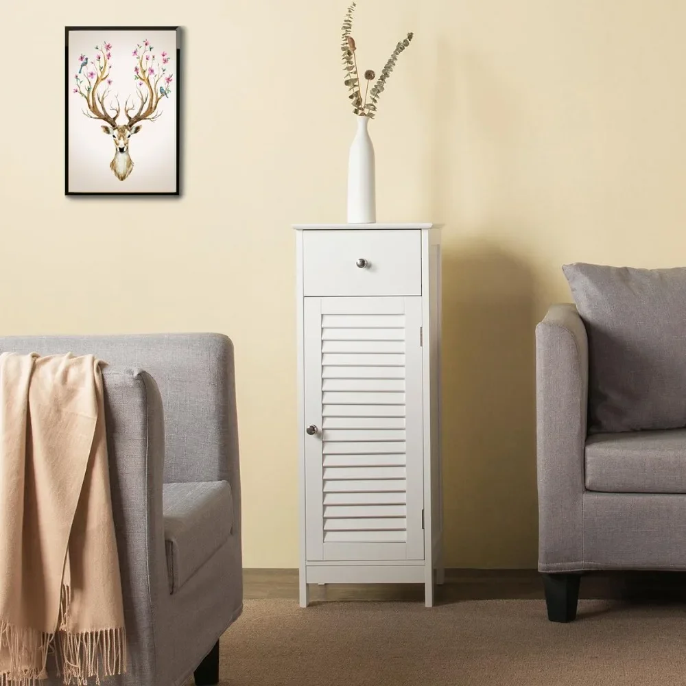 

D11.8xW12.6xH34.3 inches Bathroom floor storage cabinet with drawers and single door,