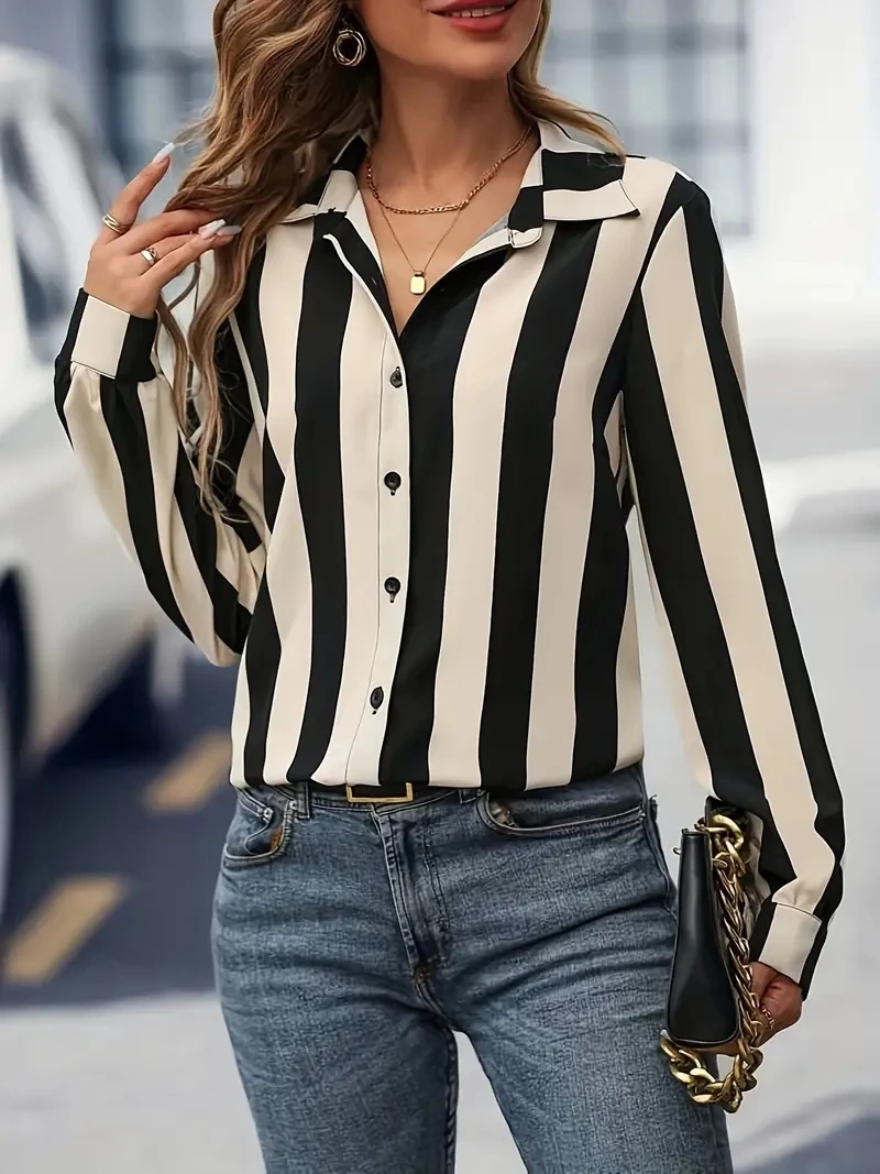 Fashion Women\'s Shirts & Blouses,Elegance Striped Print Shirt,2024 Spring & Summer Large Size Female Clothing Blouse Tops