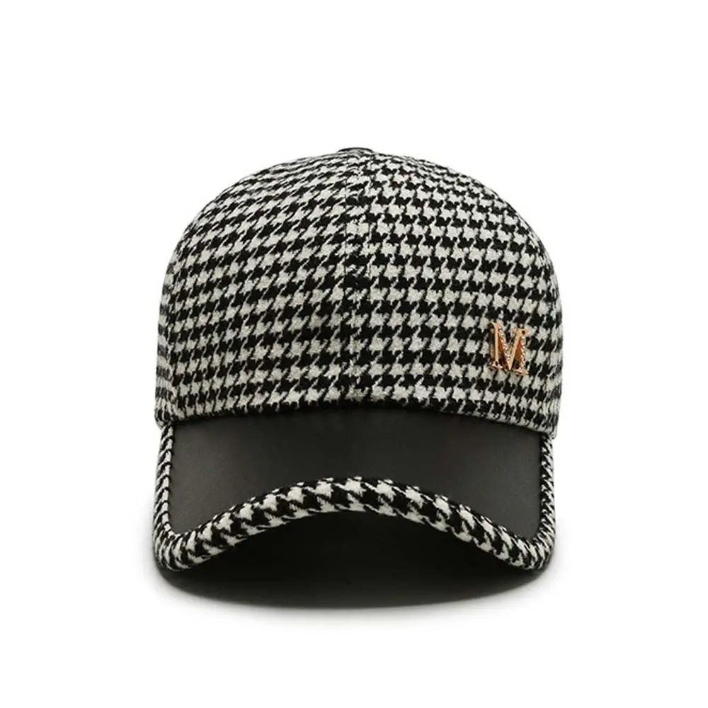 Gird Pattern Streetwear Embroider Metal Buckle Hat Houndstooth Baseball Cap Face Cap Pu Leather Brim Korean Style Hat