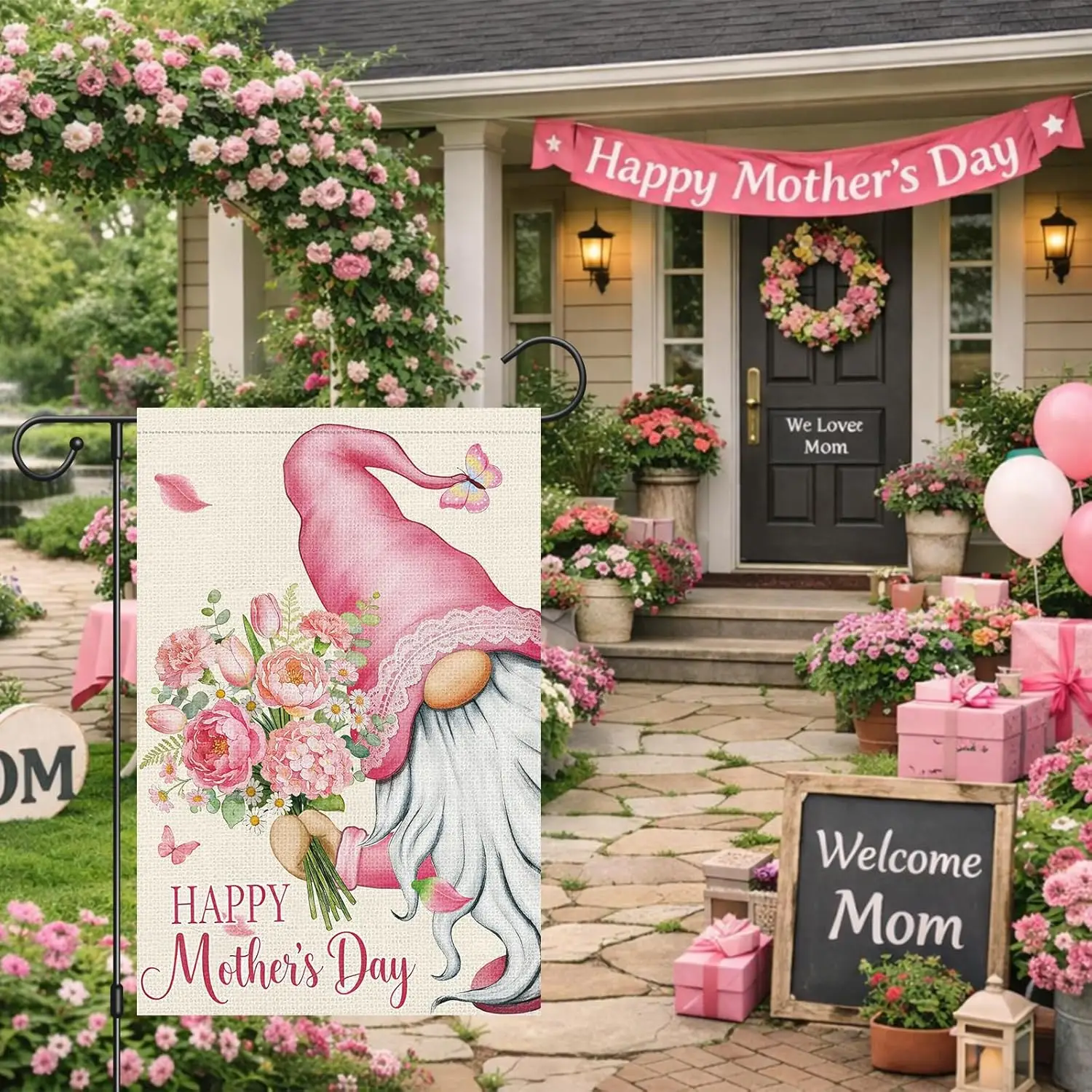 Heyfibro Happy Mother's Day Garden Flag 12x18 Double Sided Burlap, Gnome Garden Flag with Pink Floral Bouquet Yard Banne AAS