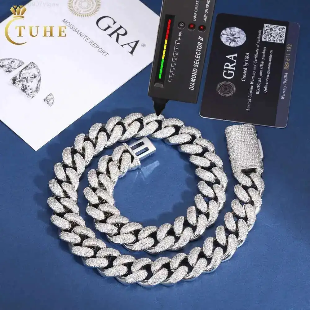 

Fashion Rapper Jewelry Rock Men 18mm Genuine S925 Silver 4 Rows Mossanite Diamond Iced Out Bubble Cuban Link Chain Necklace