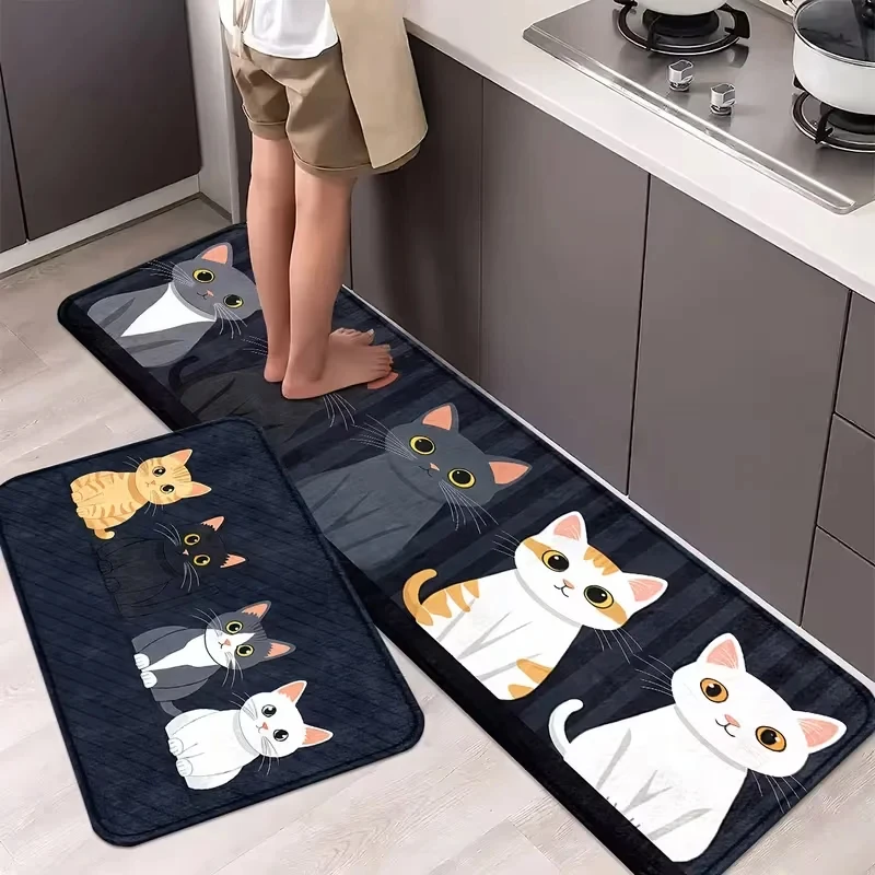 VIKAMA Cat Stripes Cartoon Non-slip Kitchen Runner Mat for Bathroom Laundry Home Decor