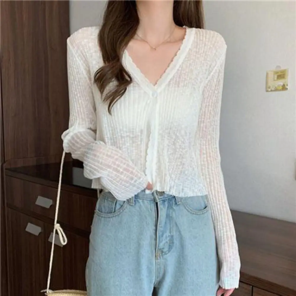 Fashion Lace Long Sleeve Cardigan See Through V-neck Slim Crochet Cardigan French Style Button Shirts for Women Travel