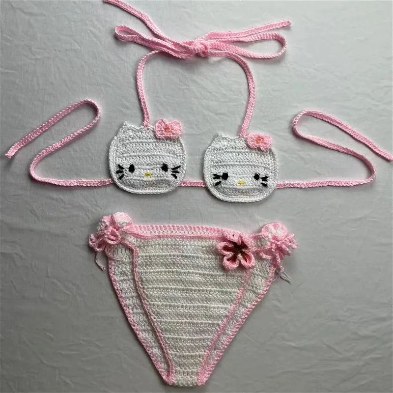Cute Hello Kitty Sanrio Ladys Sexy Swimsuit Crochet 2Pcs Bikinis Set Womens Swimming Suit Micro Bikini Thongs Bathing Suit Beach