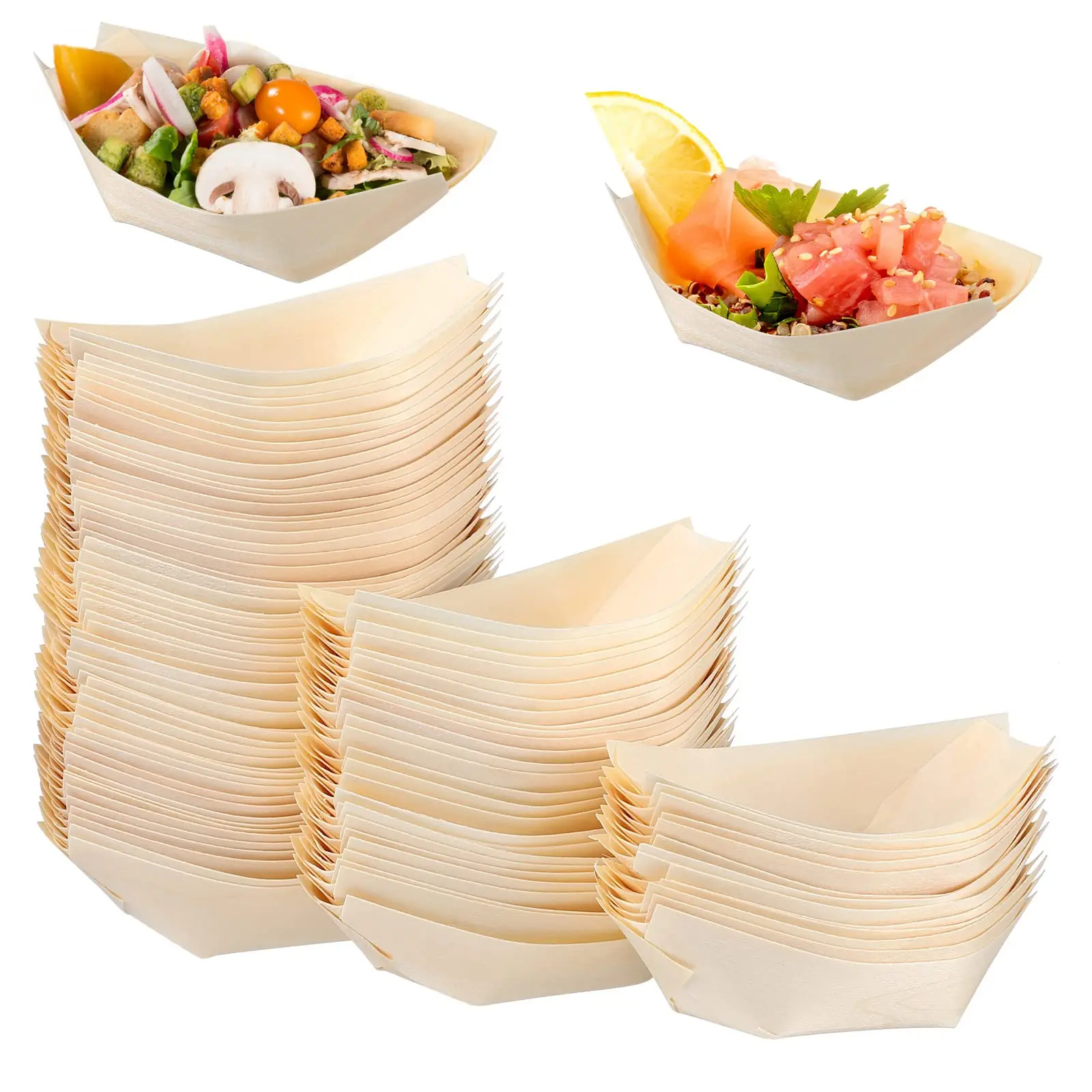Barcos de Sushi de bambú Natural, bandeja de madera desechable para ensalada, postre, pastel de pino, cuenco para aperitivos, plato para servir ecológico para fiesta, 50/100 Uds.