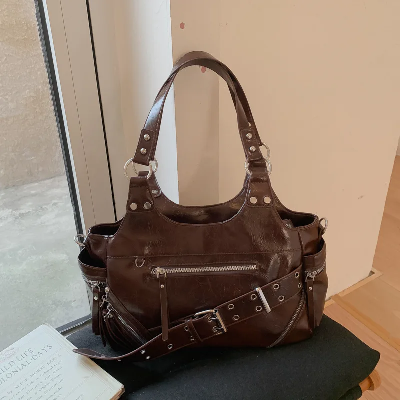 

Spacious Studded Vintage Commuter Bag, Shoulder Crossbody Purse, Women's Day to Night Top Handle Bag, Minimalist Sling Bag