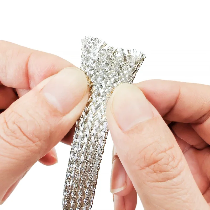 Silver Plated Copper Shield Braided Net 2~25mm Telescopic Sleeving Anti Electromagnetic Interference Audio Cable Protector