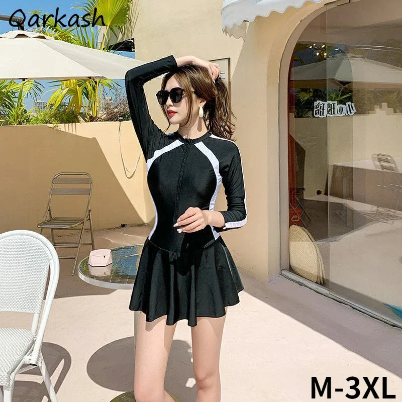 

M-3XL Cover-up Long Sleeve Slim Sexy Zipper Patchwork Summer Swimwear Beach Simple Leisure Students Popular Design Basic Holiday