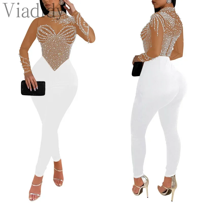 

Женские сексуальные однотонные прозрачные сетчатые комбинезоны с длинными рукавами и бусинами, украшенные стразами, узкие комбинезоны