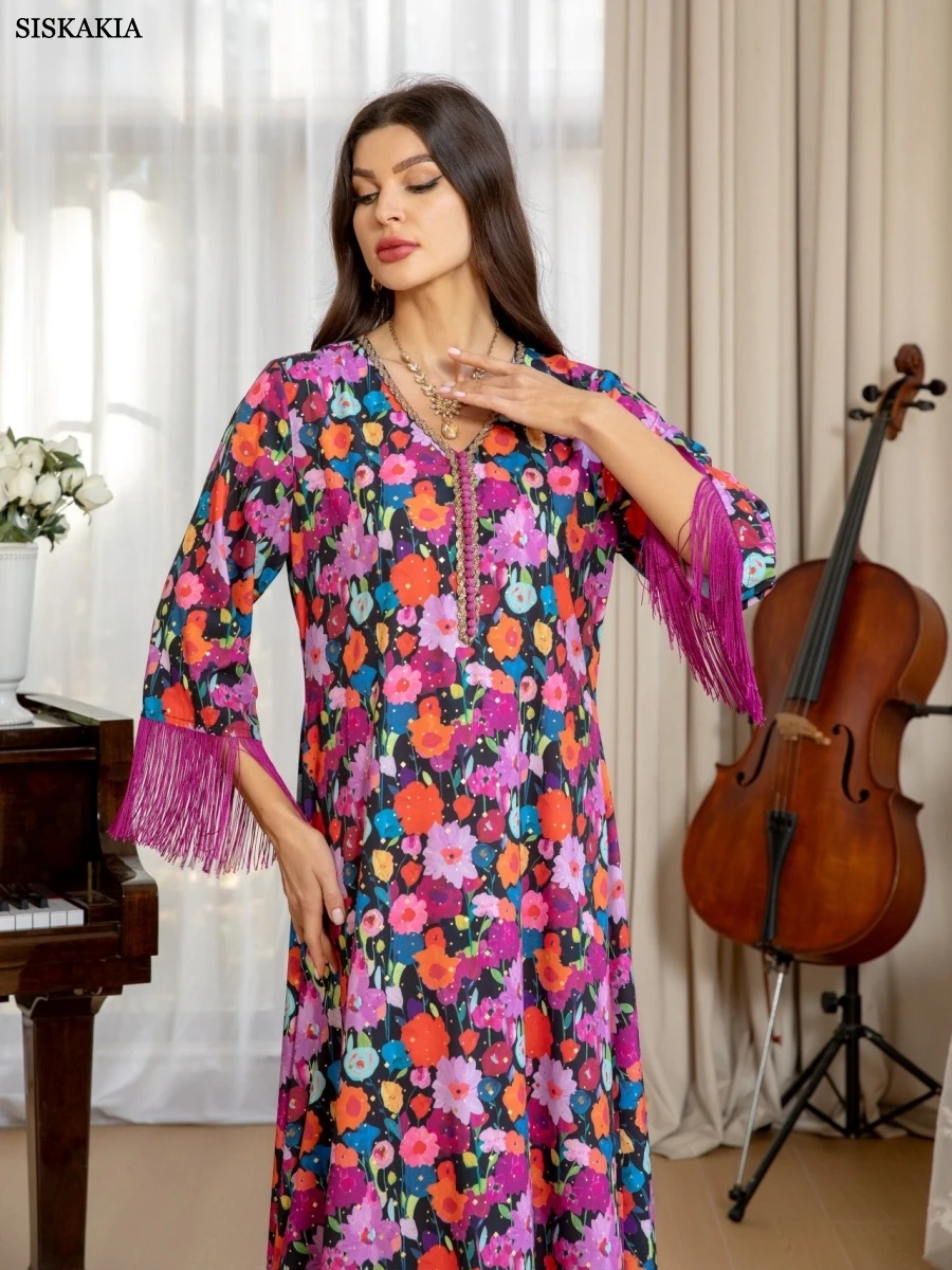 Sisakia dubaï imprimé fleuri élégant Abaya nouvelle robe à franges musulmane élégante caftan pour femmes