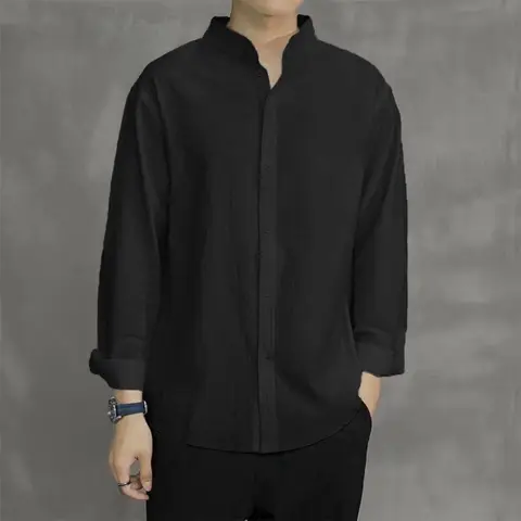 Vår Höst Herrskjorta Långärmad Enfärgad Bomull Linne Henley Neck Enkel Andningsbar Koreansk Stil Mode Herrtopp 6 best sales Koreansk svart skjorta för män - №2