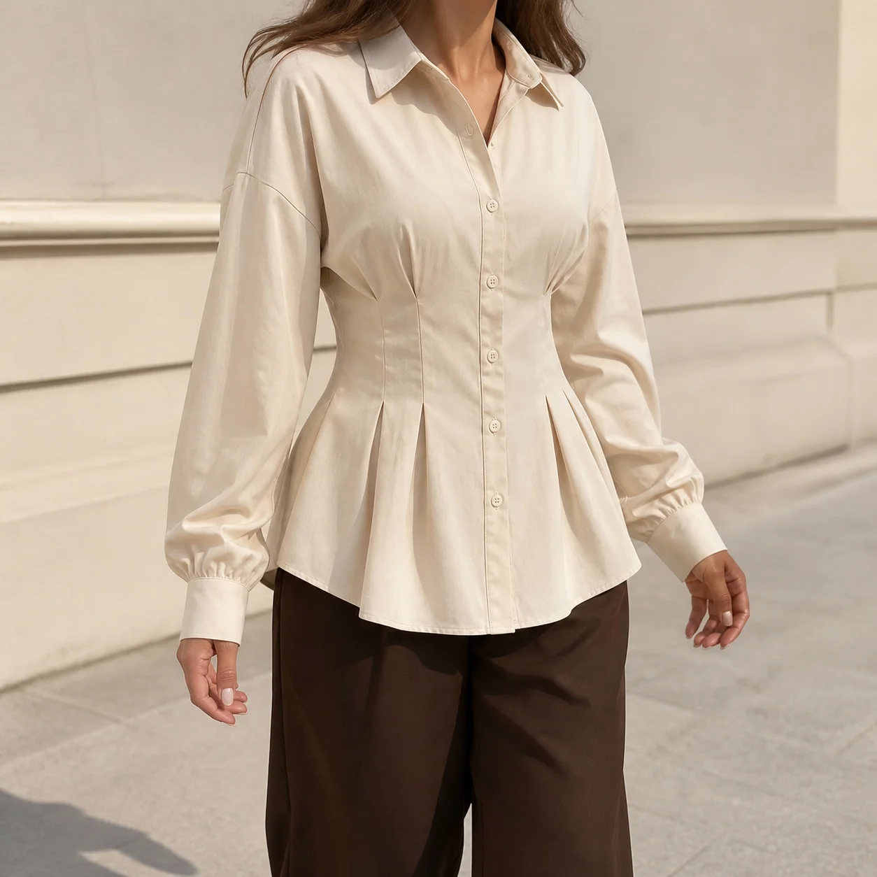 Women's Solid Color Ruffle Elegant Woven Blouse with Shirt Collar – Tops For Women, Women's Shirt, Pleated Peplum Hem, Fitted