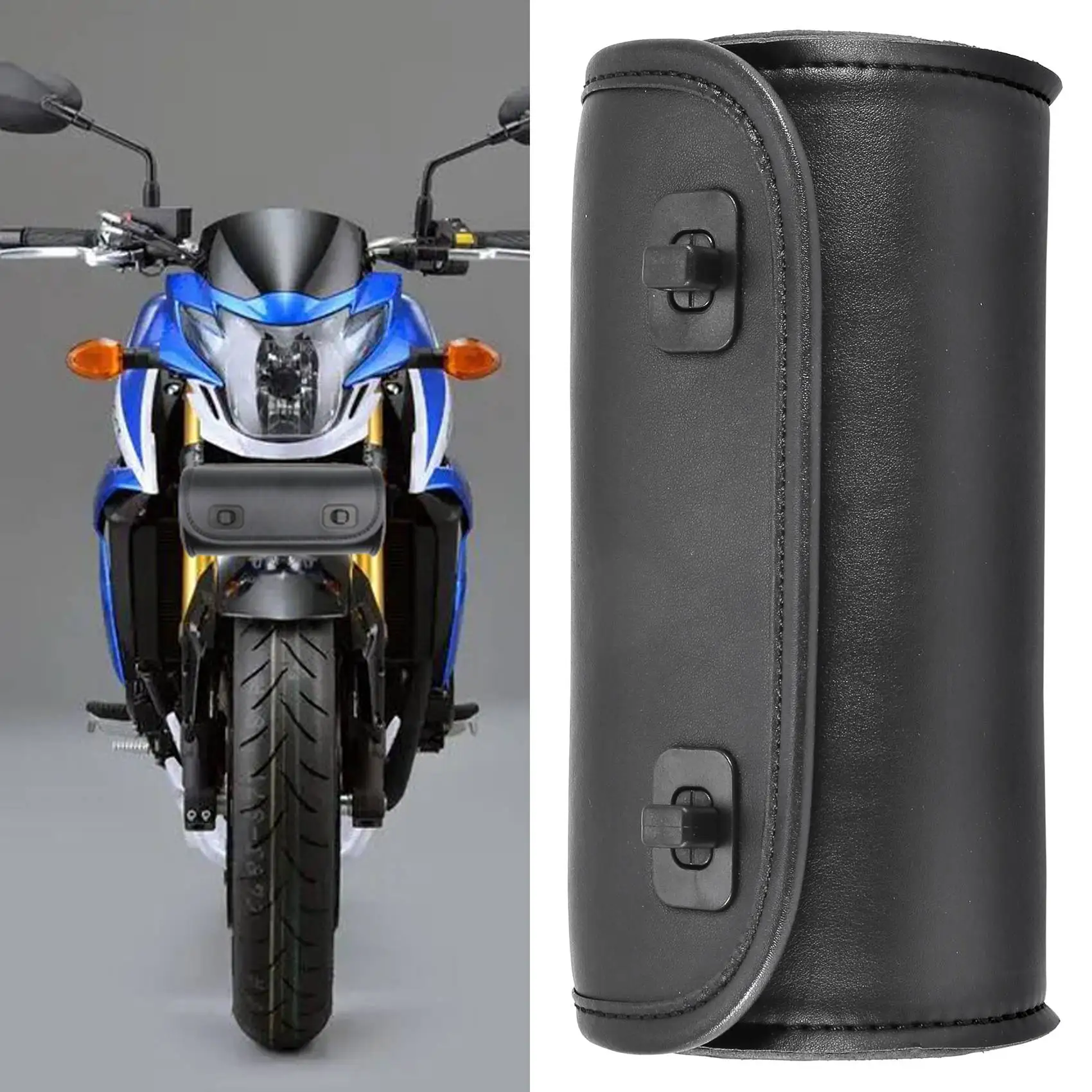 

A82E-Motorcycle Fork Bag PU Leather Handlebar Tool Pouch Sissy Bar Roll Storage Bag Saddle Bag With 2 Straps, Universal