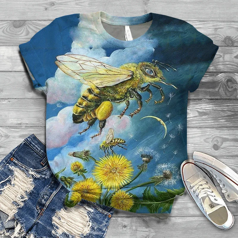 Letnie śmieszne koszulki z pszczołami Animal 3D Print Damska odzież uliczna O-Neck Krótki rękaw T Shirt Y2k Harajuku Tees Top Odzież damska