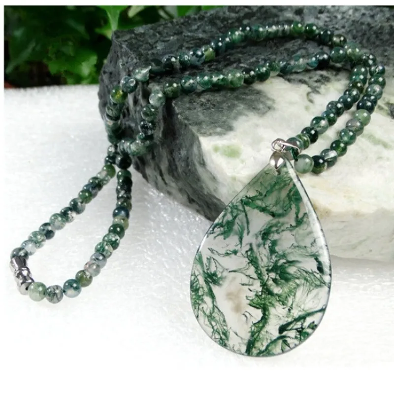 Water Plant Agate Drop-shaped Pendant Leaves Chalcedony Pendant Chain Moss Agate Jade Pendant Crystal