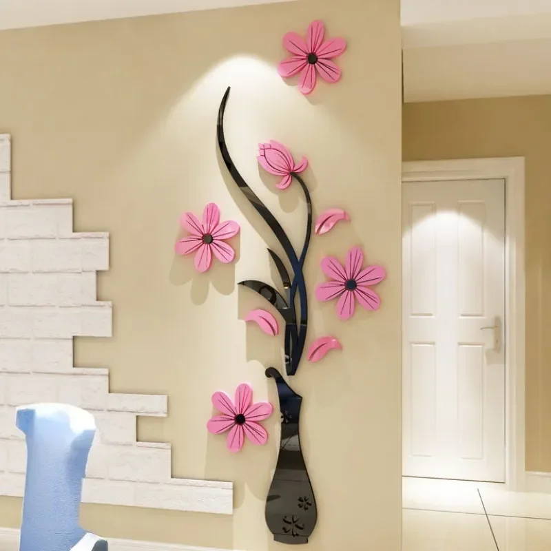 Luxury Acrylic Vase 3D Wall Stickers DIY Cartoon Flower Background Living Room Wall Decor Mirror Surface Plant Acrylic Sticker