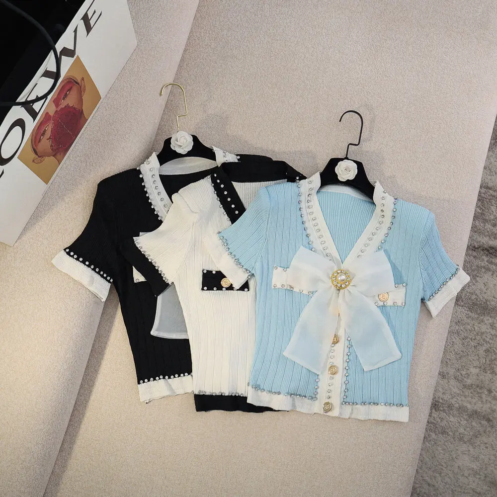 Autumn Summer Korean Fashion Women Long Short Sleeve Knitted Top Nail Drill Bow Tie Button Short Coat Slim Fit Sweater New