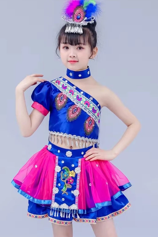 Desempenho das crianças traje miao étnico bambu pólo dança traje hanfu estilo chinês