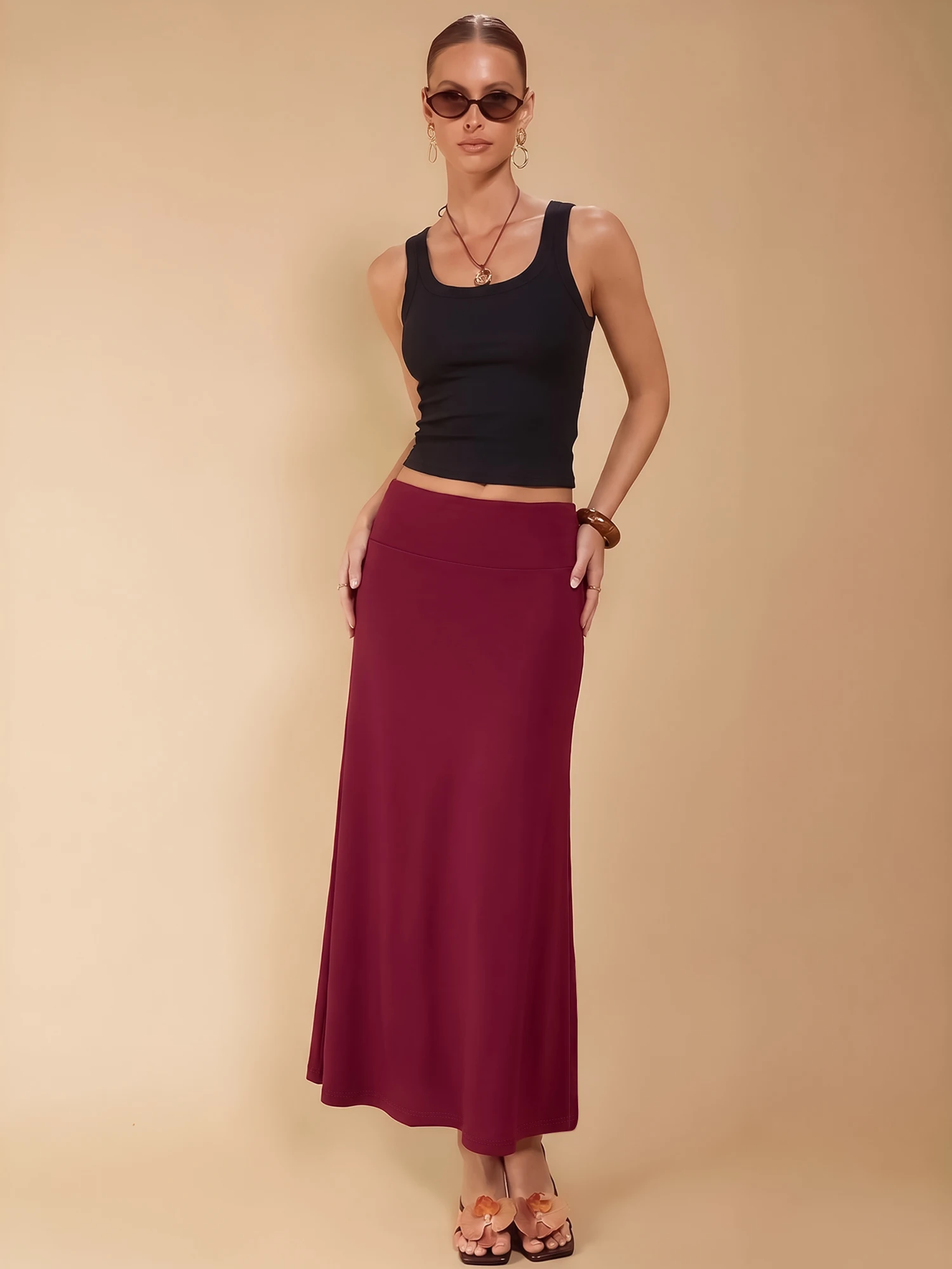 Tailored Swing Midi Skirt, Wide Elastic Waistband, Corporate Work Hour & After-Work Reception Wear