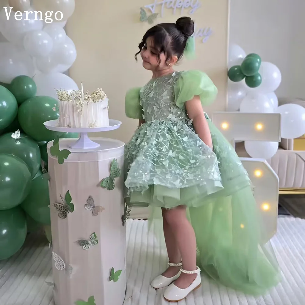 

Verngo Green Tulle Sequined Luxury Dress For Girl Bow Short Sleeves Princess Birthday Dresses A Line Ball Gown Customized