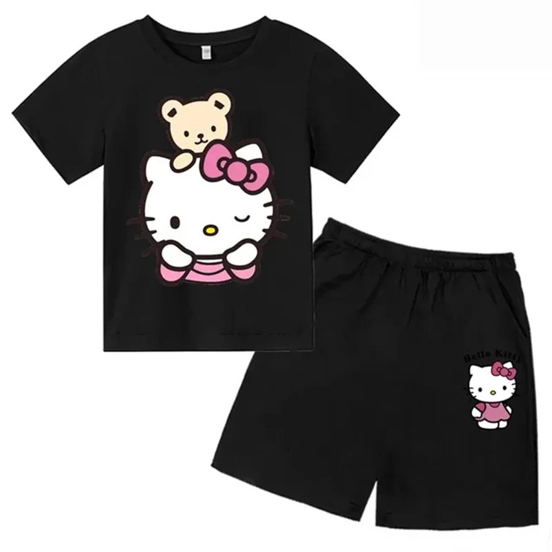 Summer Kids T-Shirt+Shorts Sets Hello Kitty Children 2-12 Years Boys Girl Clothes Round Neck Print Casual Cotton Short Sleeve