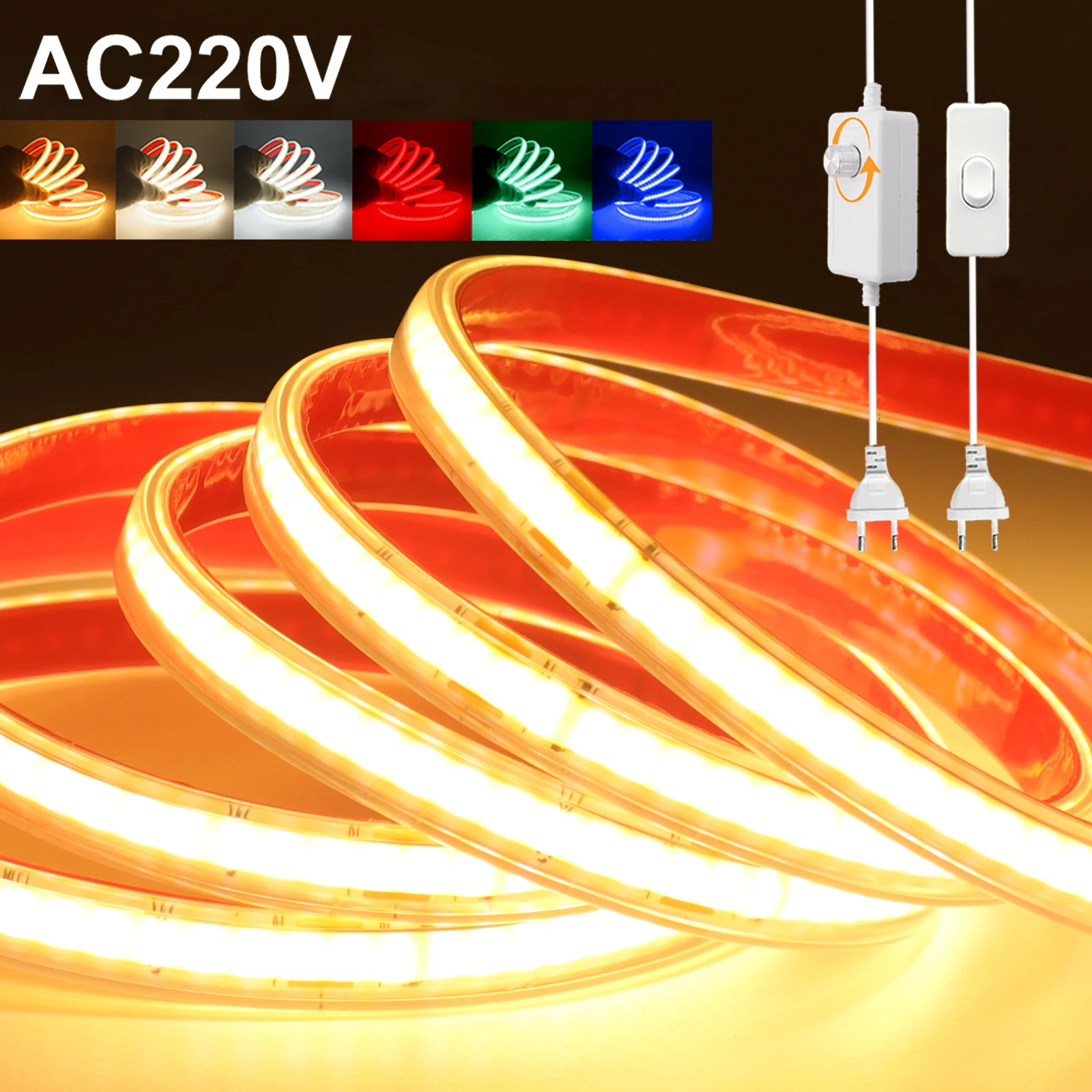 220V Dimmable LED Strip Light Bright with Dimmer/Switch EU Power Kit 240LEDs/M White Red Blue Warm Waterproof Flexible Tape Lamp