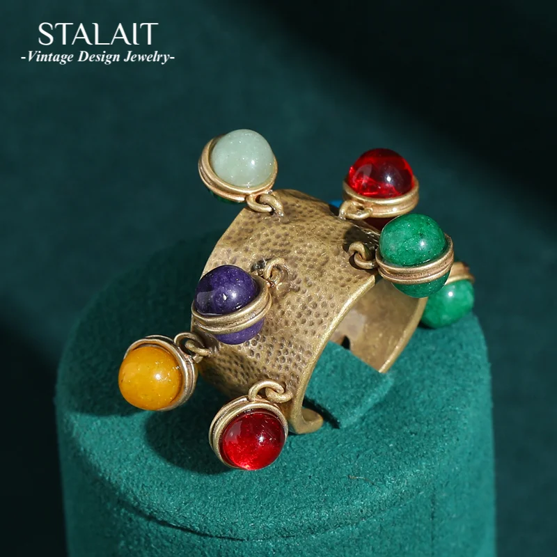 

Vintage Charm Ring With Stone Antique Gold Color Colorful Ball Natural Christmas Accessories Retro Birthday Gift 2025 New