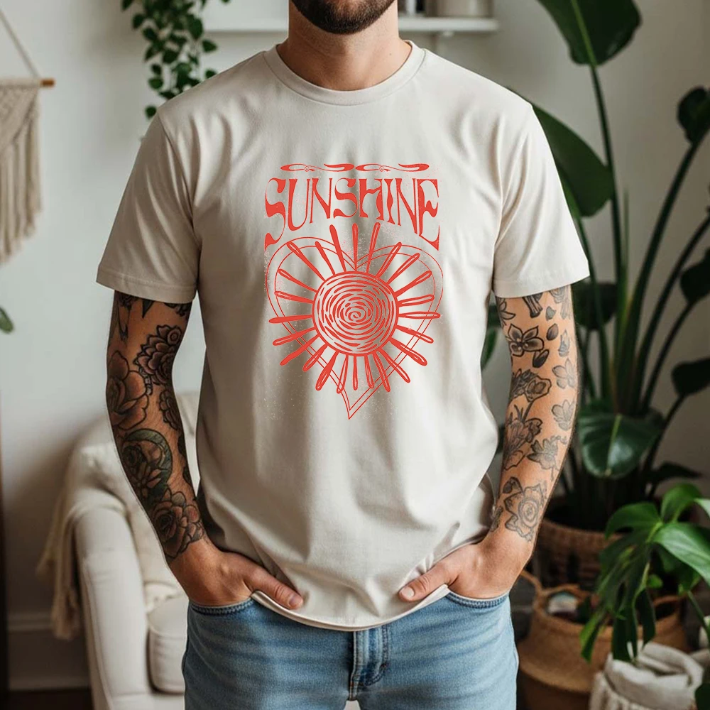New Summer Men's 100% Cotton Short Sleeve T Shirt Retro Sunshine Heart Sun Art Graphic Print Breathable Casual Daily Tees