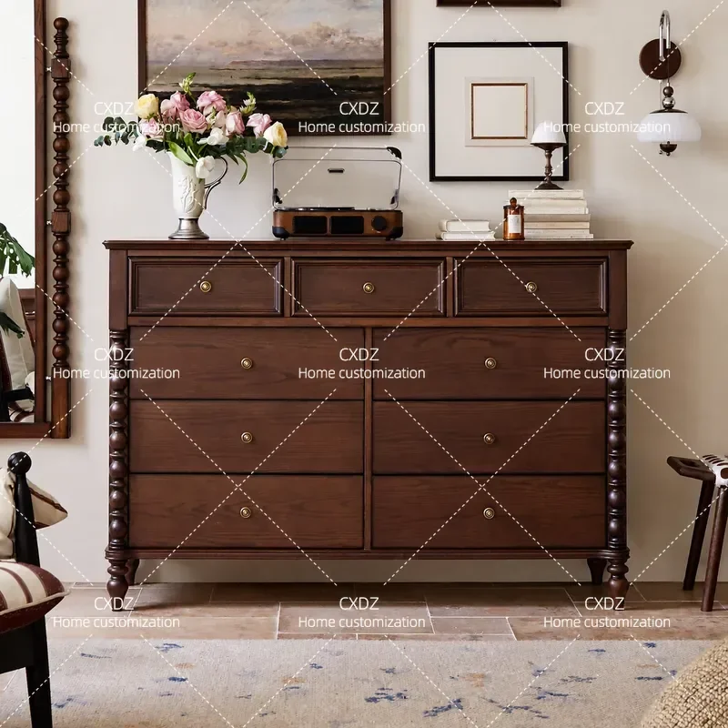 French Retro Solid Wood Wardrobe 9 Door Cabinet for Bedroom Living Room Small Apartment Storage Locker Medieval Style